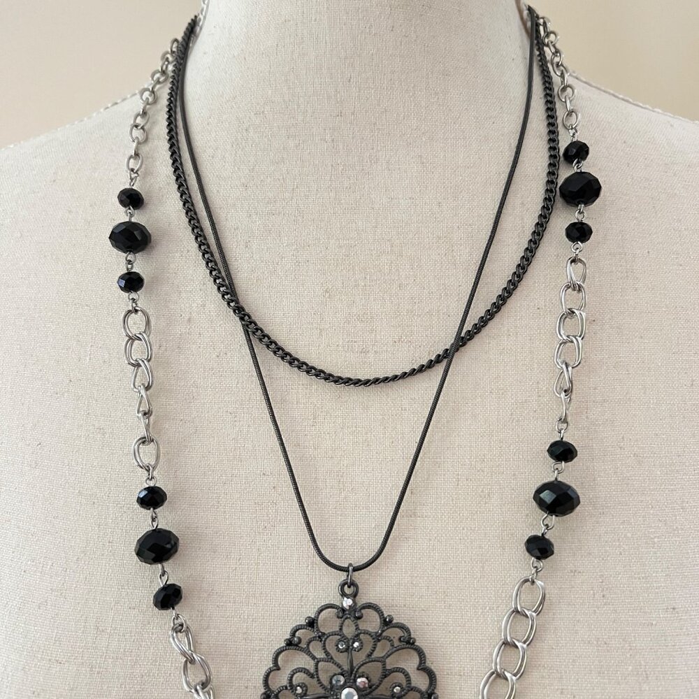 Black and Silver Layered Chain Pendant Necklace 26" - Picture 3 of 4